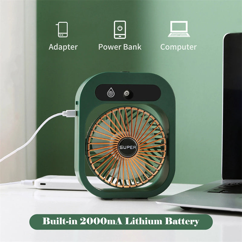 ❄️ 2-in-1 Luftbefeuchter & Tischventilator – Tragbarer USB-Mist-Fan mit 3 Geschwindigkeitsstufen