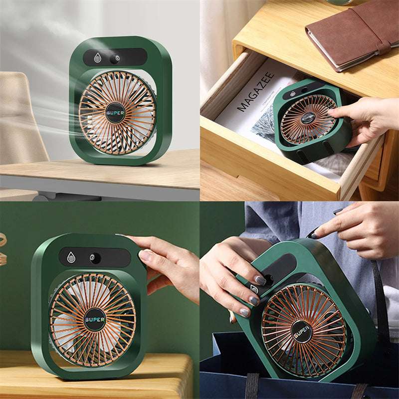 ❄️ 2-in-1 Luftbefeuchter & Tischventilator – Tragbarer USB-Mist-Fan mit 3 Geschwindigkeitsstufen