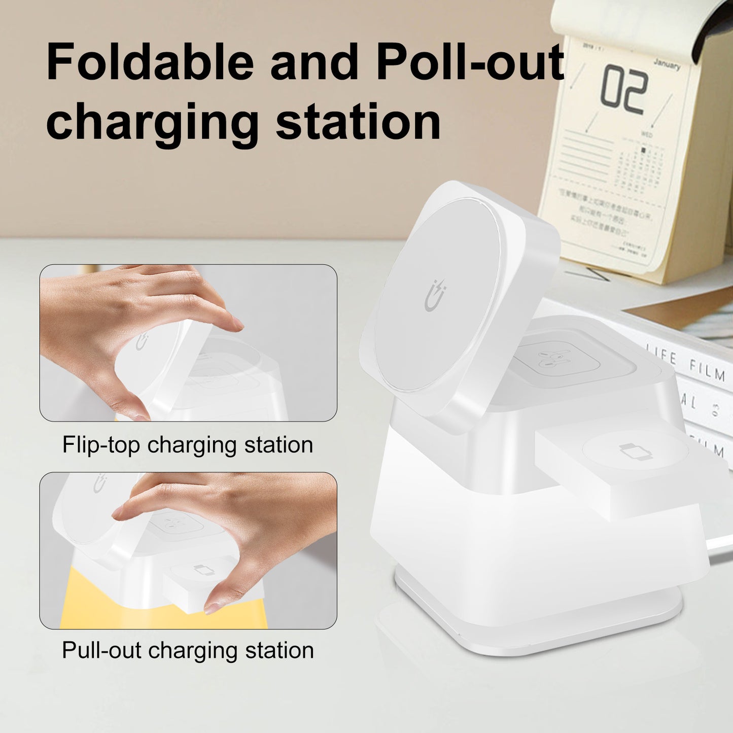 4-in-1 Magnetische Wireless Ladestation mit Nachtlicht – Für iPhone, Apple Watch & AirPods – Rotierbar & Kompakt