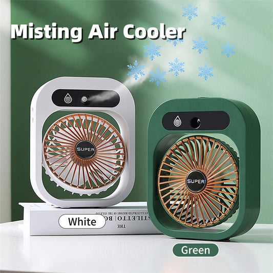 ❄️ 2-in-1 Luftbefeuchter & Tischventilator – Tragbarer USB-Mist-Fan mit 3 Geschwindigkeitsstufen