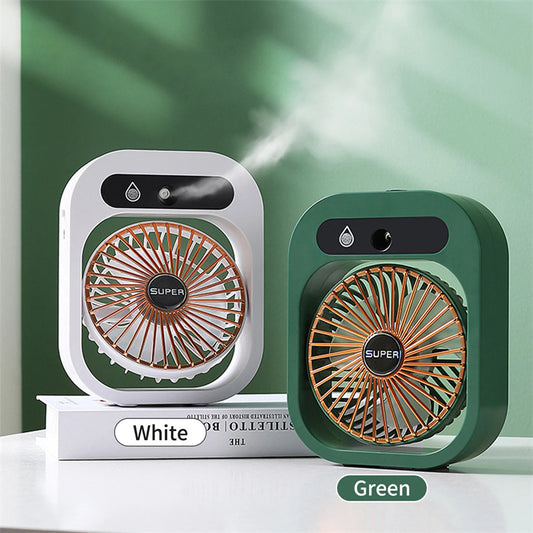 ❄️ 2-in-1 Luftbefeuchter & Tischventilator – Tragbarer USB-Mist-Fan mit 3 Geschwindigkeitsstufen