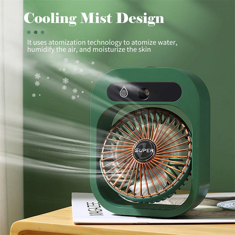 ❄️ 2-in-1 Luftbefeuchter & Tischventilator – Tragbarer USB-Mist-Fan mit 3 Geschwindigkeitsstufen