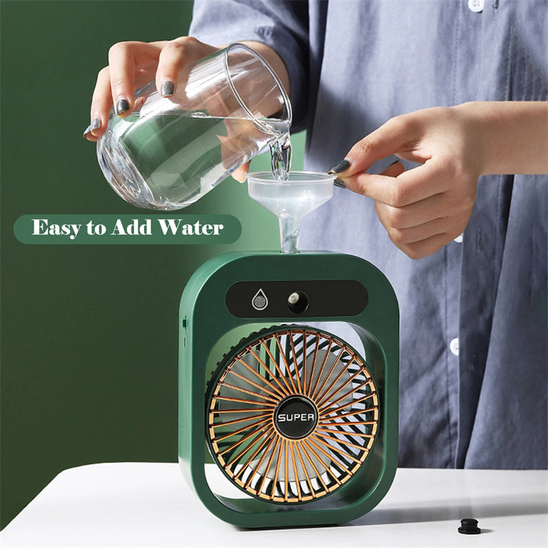 ❄️ 2-in-1 Luftbefeuchter & Tischventilator – Tragbarer USB-Mist-Fan mit 3 Geschwindigkeitsstufen