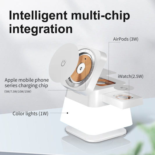 4-in-1 Magnetische Wireless Ladestation mit Nachtlicht – Für iPhone, Apple Watch & AirPods – Rotierbar & Kompakt