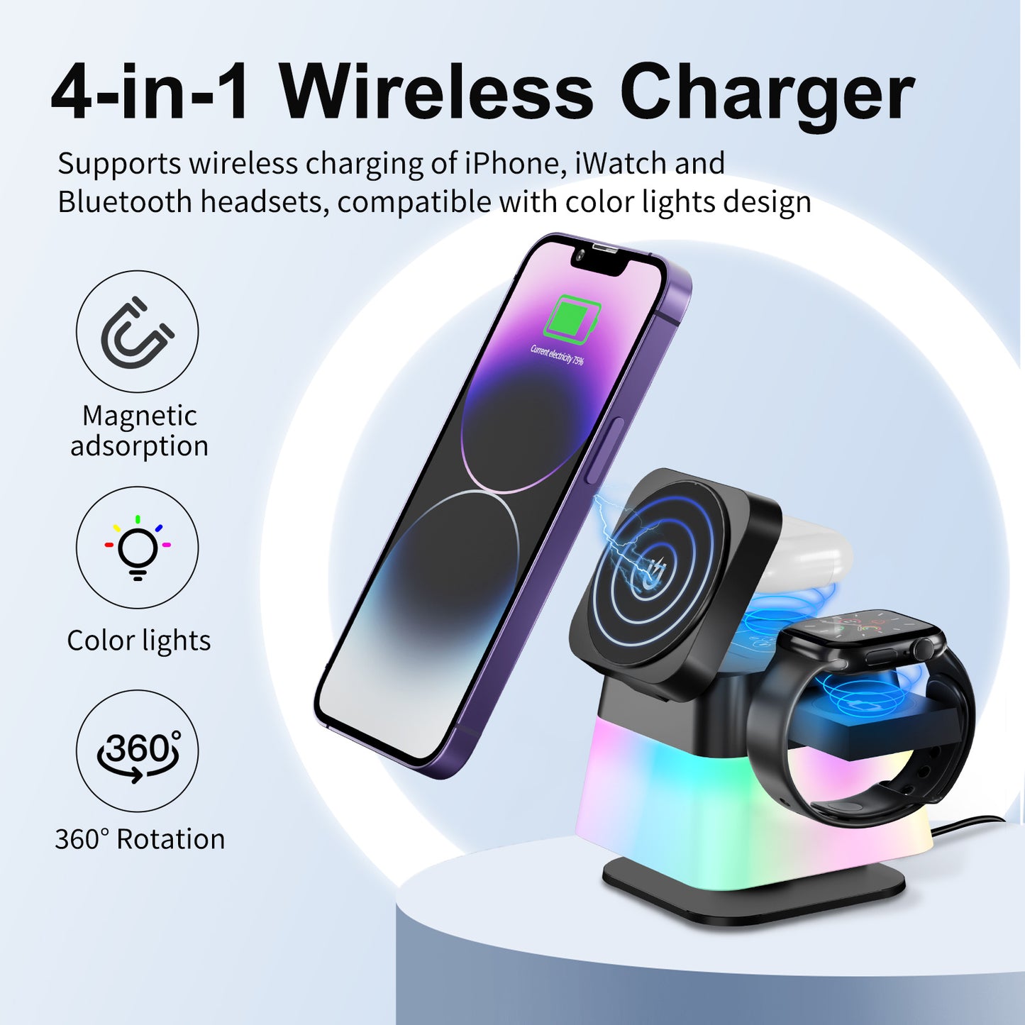 4-in-1 Magnetische Wireless Ladestation mit Nachtlicht – Für iPhone, Apple Watch & AirPods – Rotierbar & Kompakt
