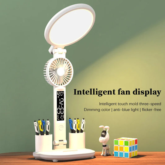 LED Schreibtischlampe mit Uhr, USB-Aufladung & Dimmfunktion – Faltbares Design mit Lüfter & Stifthalter