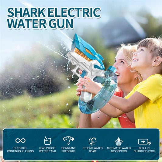 Elektrische Hai-Wasserpistole für Kinder – Vollautomatisch, Großer Tank, Starkes Strahlwasser, Wiederaufladbar, Sommer-Spielzeug